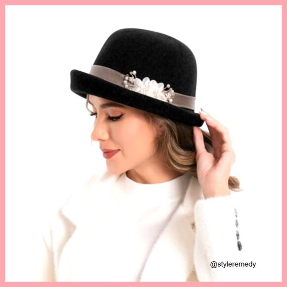 Wool Felt Floral Bucket Hat, Vintage Cloche Fedora for Women main image 6